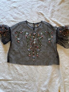 iris Black Sheer Embroidered Floral Puff Sleeve Blouse